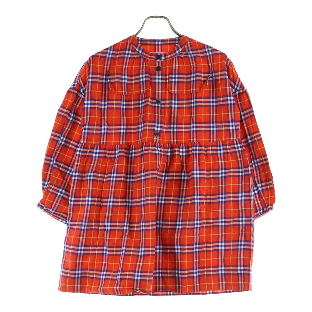 BURBERRY(バーバリー) ダブルフラップポケット ラウンドネック チェック柄 長袖ワンピース オレンジ 4500503681