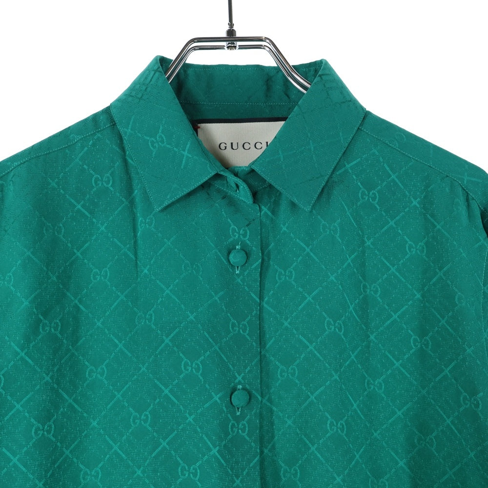 GUCCI(グッチ) ZADWP GG柄 総柄 GGボタン シルク 長袖シャツ グリーン 622196