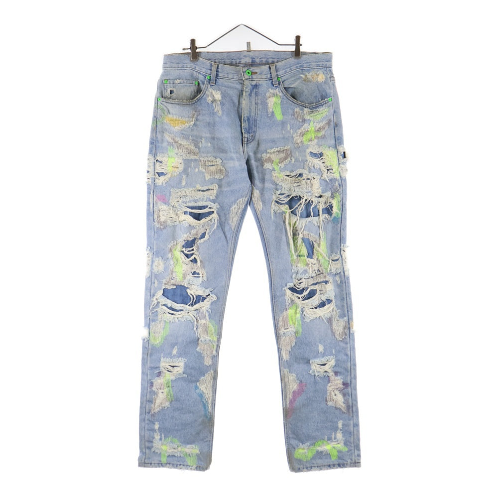Endless Denim(エンドレス デニム) EMBROIDERIED AND DISTERESSED DENIM JEANS 刺繍 リペア加工 エンブロイダリーアンドディストレスドデニムジーンズ インディゴ/グリーン