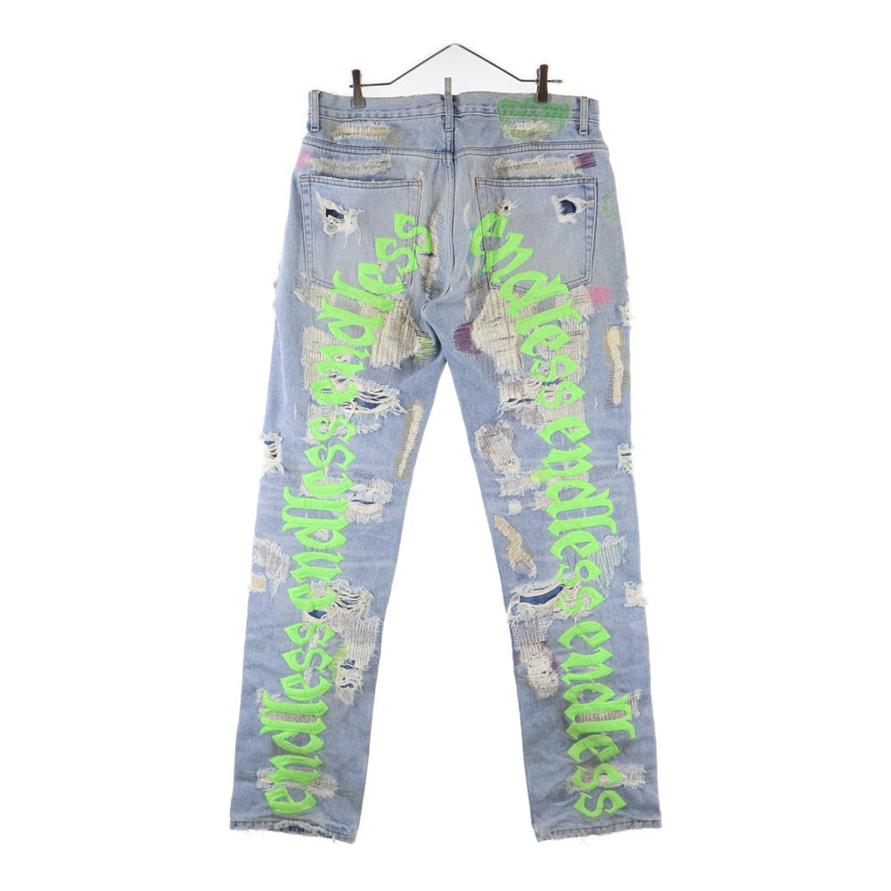 Endless Denim(エンドレス デニム) EMBROIDERIED AND DISTERESSED DENIM JEANS 刺繍 リペア加工 エンブロイダリーアンドディストレスドデニムジーンズ インディゴ/グリーン