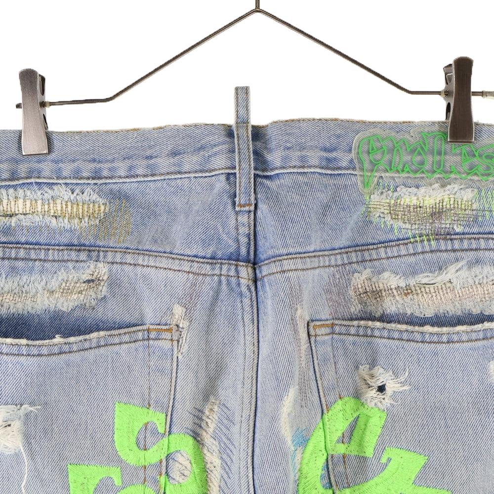 Endless Denim(エンドレス デニム) EMBROIDERIED AND DISTERESSED DENIM JEANS 刺繍 リペア加工 エンブロイダリーアンドディストレスドデニムジーンズ インディゴ/グリーン