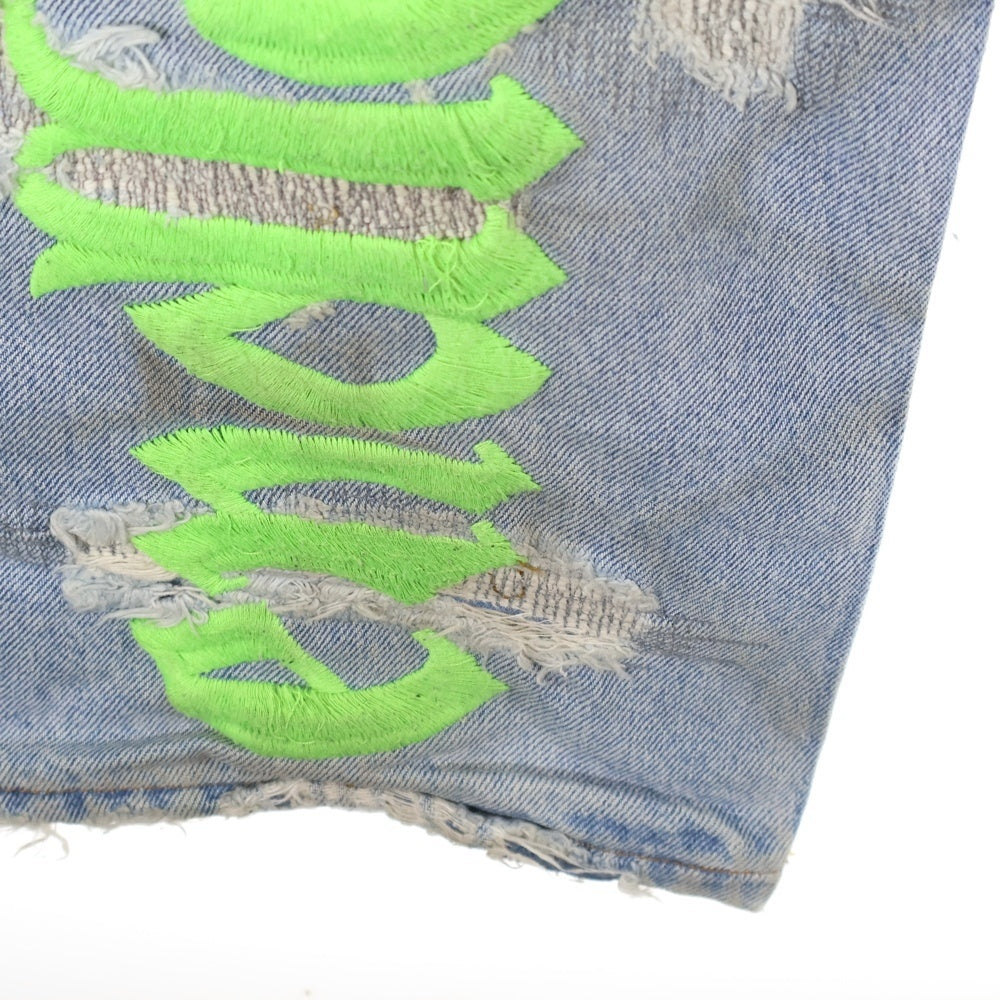 Endless Denim(エンドレス デニム) EMBROIDERIED AND DISTERESSED DENIM JEANS 刺繍 リペア加工 エンブロイダリーアンドディストレスドデニムジーンズ インディゴ/グリーン