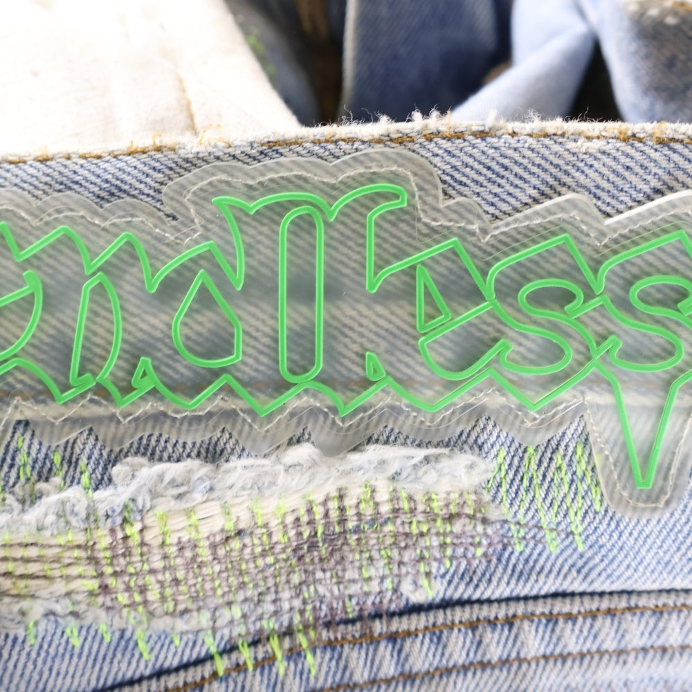 Endless Denim(エンドレス デニム) EMBROIDERIED AND DISTERESSED DENIM JEANS 刺繍 リペア加工 エンブロイダリーアンドディストレスドデニムジーンズ インディゴ/グリーン