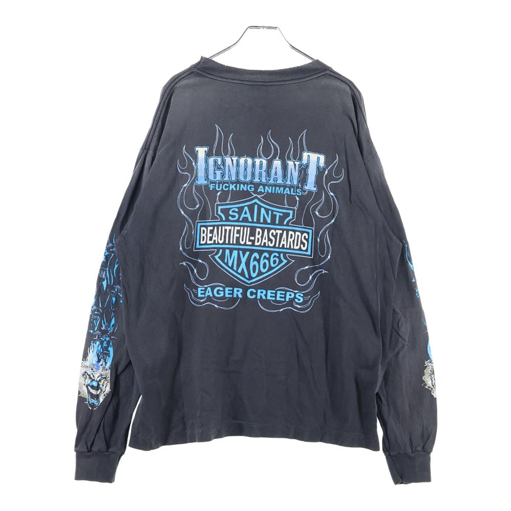 SAINT MICHAEL(セントマイケル) 24AW BTFL BASTARS LS TEE VINTAGE加工 両面アームプリント クルーネック 長袖Tシャツ カットソー チャコール SM-YS1-0000-013