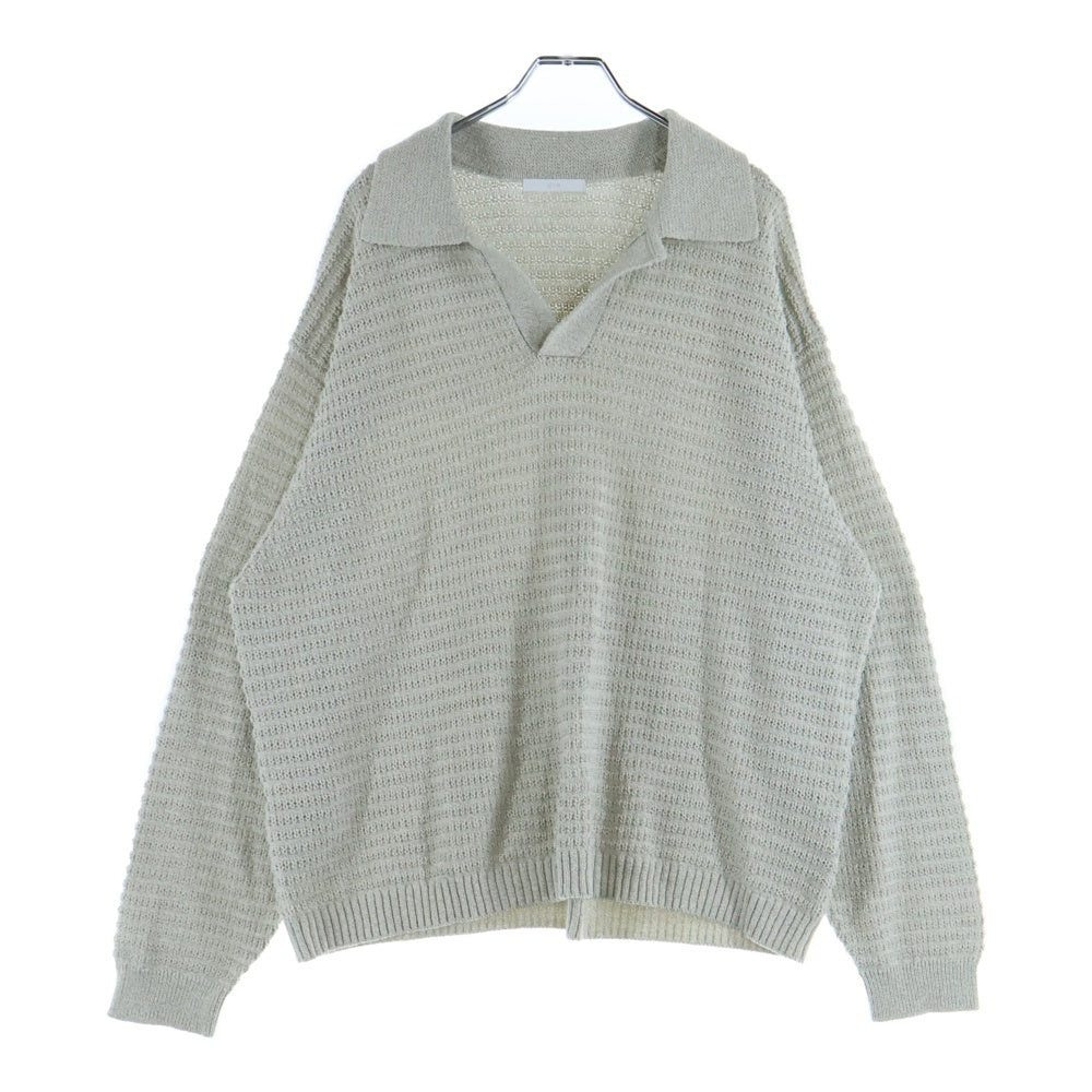 NO BRAND(ノーブランド) WYM(ウィム バイ ウッド)MELANGE SKIPPER KNIT POLO メランジ スキッパー ニット レギュラーカラー ロングスリーブ ポロシャツ グレー WYkn758