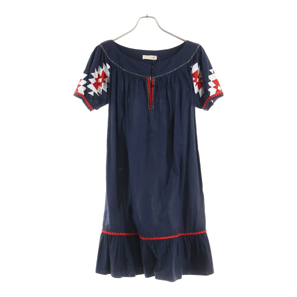 TORY BURCH(トリー バーチ) エンブロイダリー ビーズ ラウンドネック 半袖ワンピース ドレス レディース ネイビー 79173-1-16012
