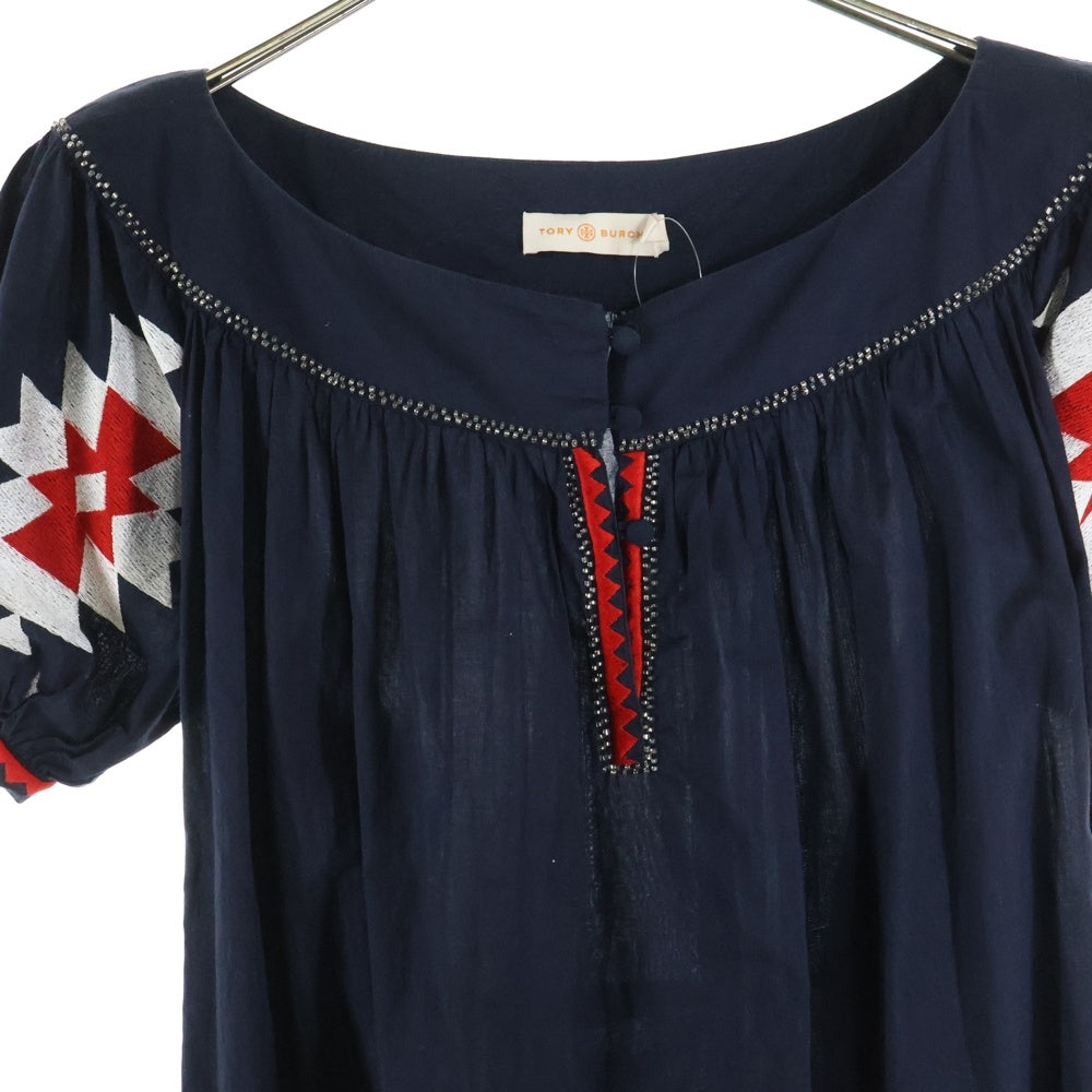 TORY BURCH(トリー バーチ) エンブロイダリー ビーズ ラウンドネック 半袖ワンピース ドレス レディース ネイビー 79173-1-16012