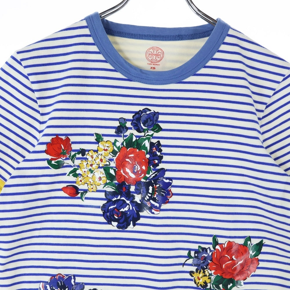 TORY BURCH(トリー バーチ) フラワーパターン ボーダー クルーネック カットソー 半袖リンガーTシャツ レディース マルチ N0022801