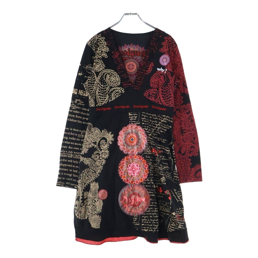 Desigual(デシグアル) 総柄 Vネック 長袖ワンピース ドレス レディース ブラック/レッド 57V21B8