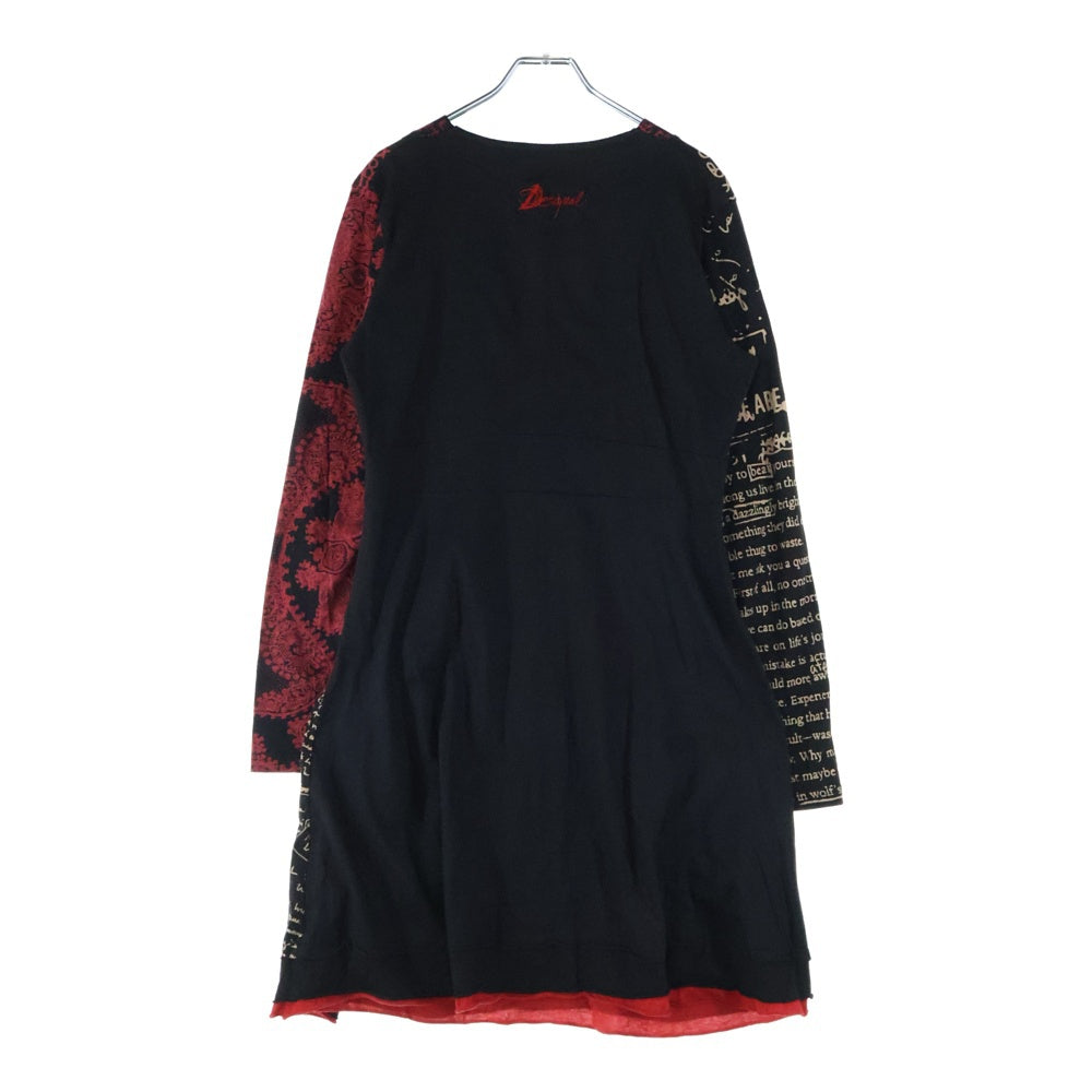 Desigual(デシグアル) 総柄 Vネック 長袖ワンピース ドレス レディース ブラック/レッド 57V21B8