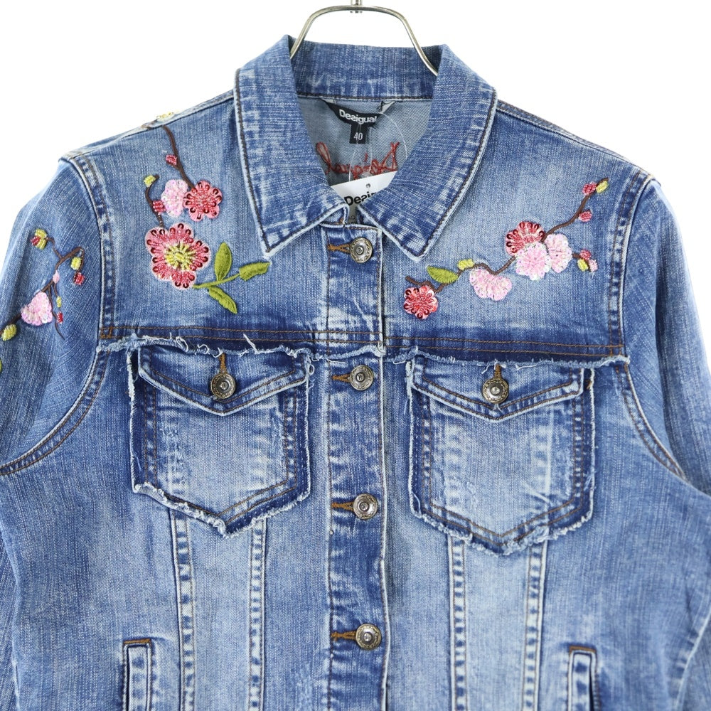 Desigual(デシグアル) 花刺繍 カットオフ加工 デニムジャケット Gジャン インディゴ 19WWED38