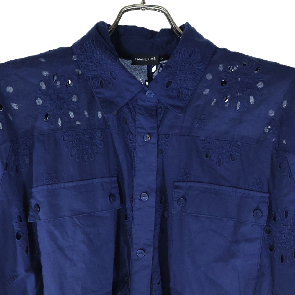 Desigual(デシグアル) 花刺繍 ベルト付き 半袖ジャンプスーツ つなぎ レディース ブルー 23WWPWX0