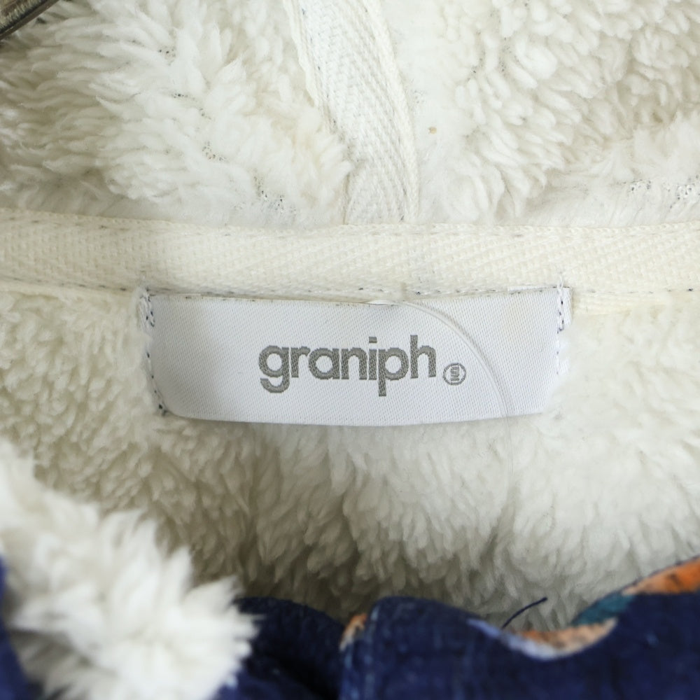 graniph(グラニフ) 裏起毛 総柄 フーデッドボタンジャケット アウター ネイビー
