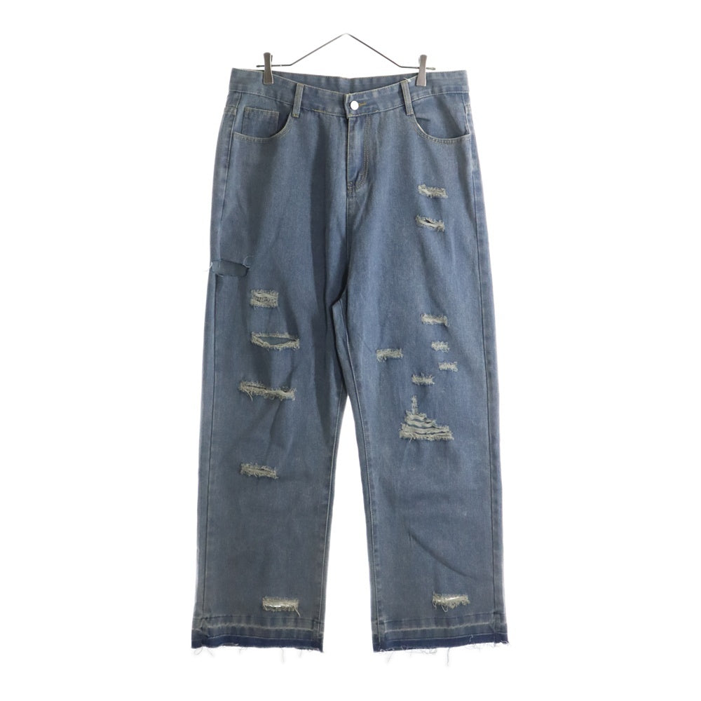 NO BRAND(ノーブランド) カットオフ加工 ストレートワイドダメージデニムパンツ インディゴ