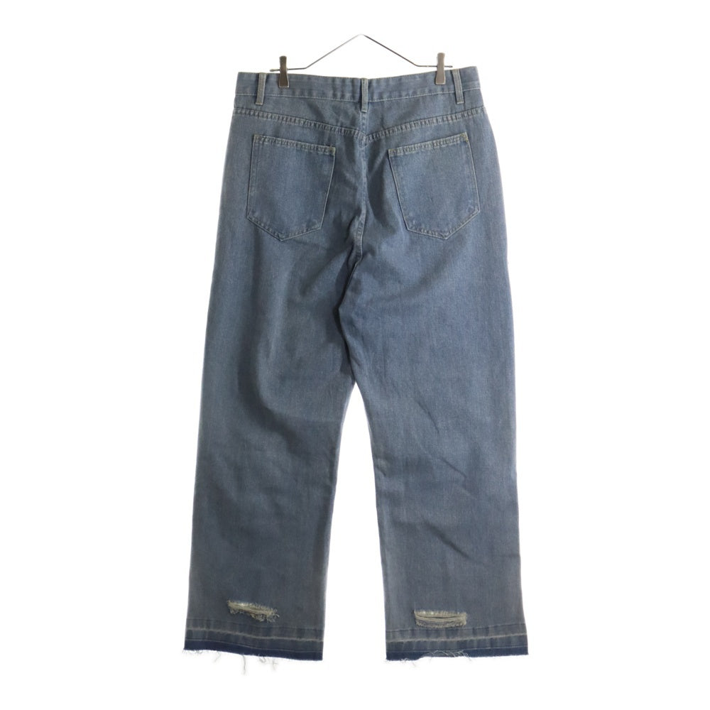 NO BRAND(ノーブランド) カットオフ加工 ストレートワイドダメージデニムパンツ インディゴ