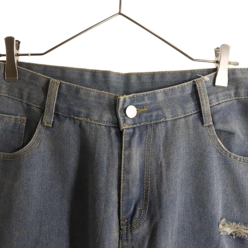 NO BRAND(ノーブランド) カットオフ加工 ストレートワイドダメージデニムパンツ インディゴ