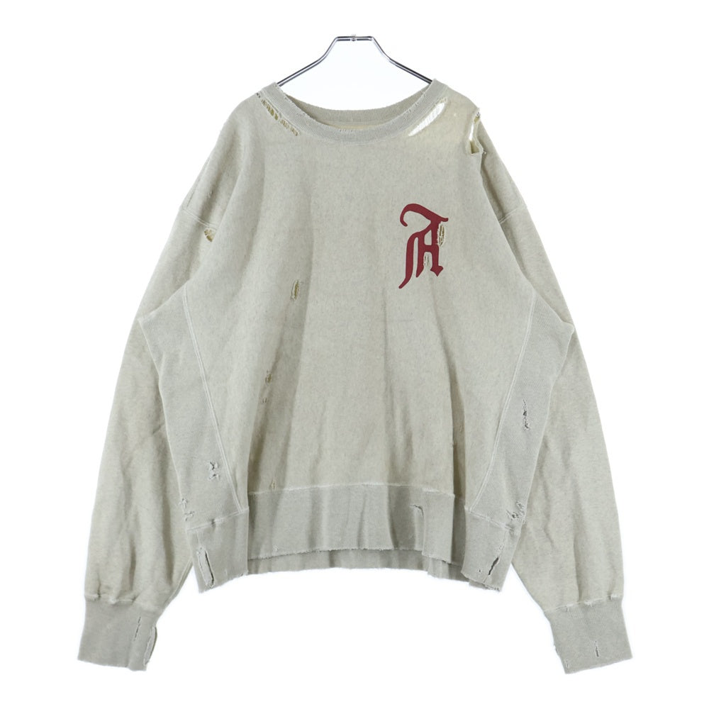 ANCELLM(アンセルム) CRASH SWEAT SHIRT クラッシュ加工 フロントプリント クルーネック スウェット トレーナー グレー ANC-CT43