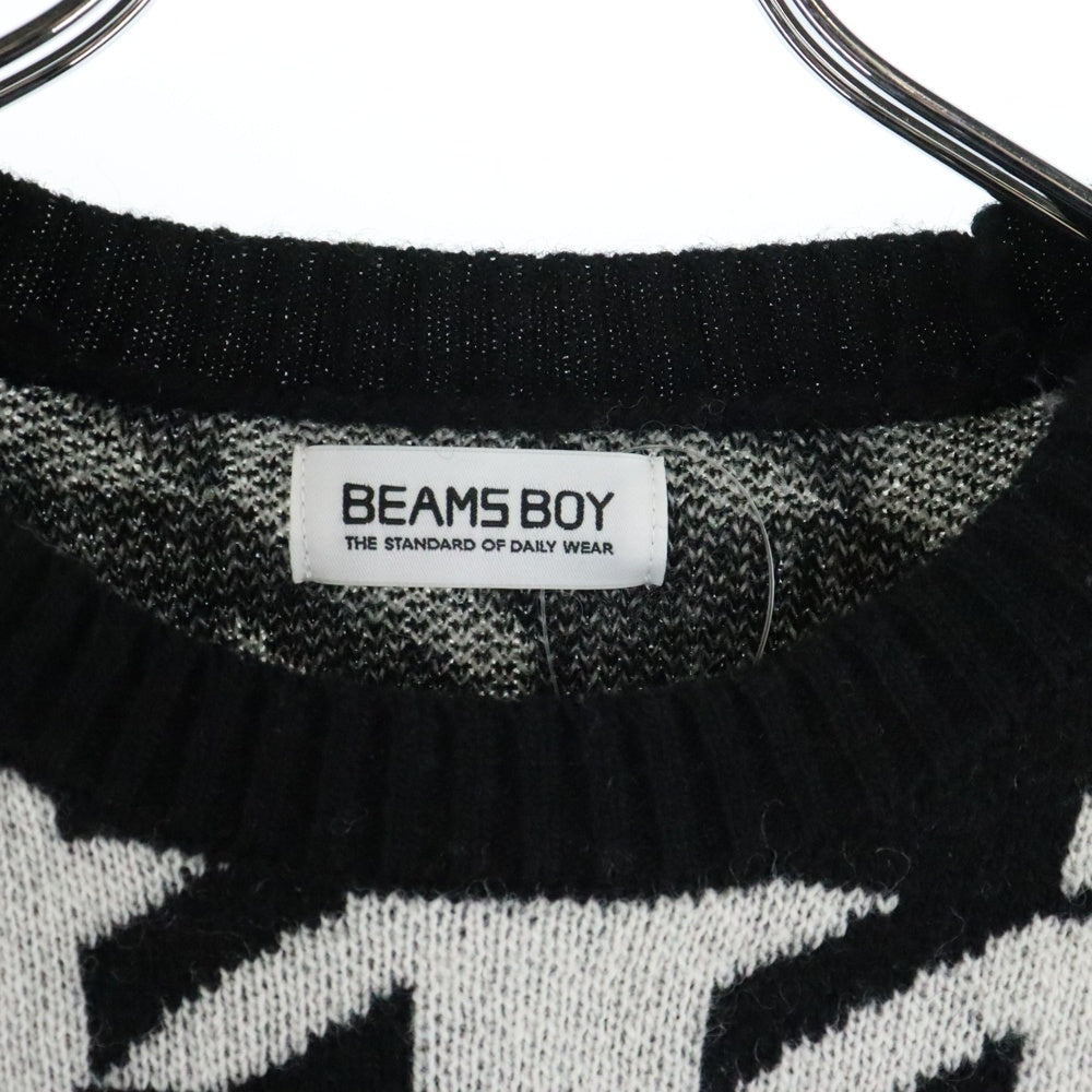 BEAMS BOY(ビームスボーイ) 7ゲージ 千鳥格子柄 ジャカードクルーネックニット セーター ホワイト/ブラック レディース 13-15-0787-556
