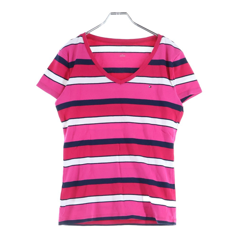 TOMMY HILFIGER(トミーヒルフィガー) ボーダー柄 Vネック半袖Tシャツ カットソー レディース ピンク 0129605
