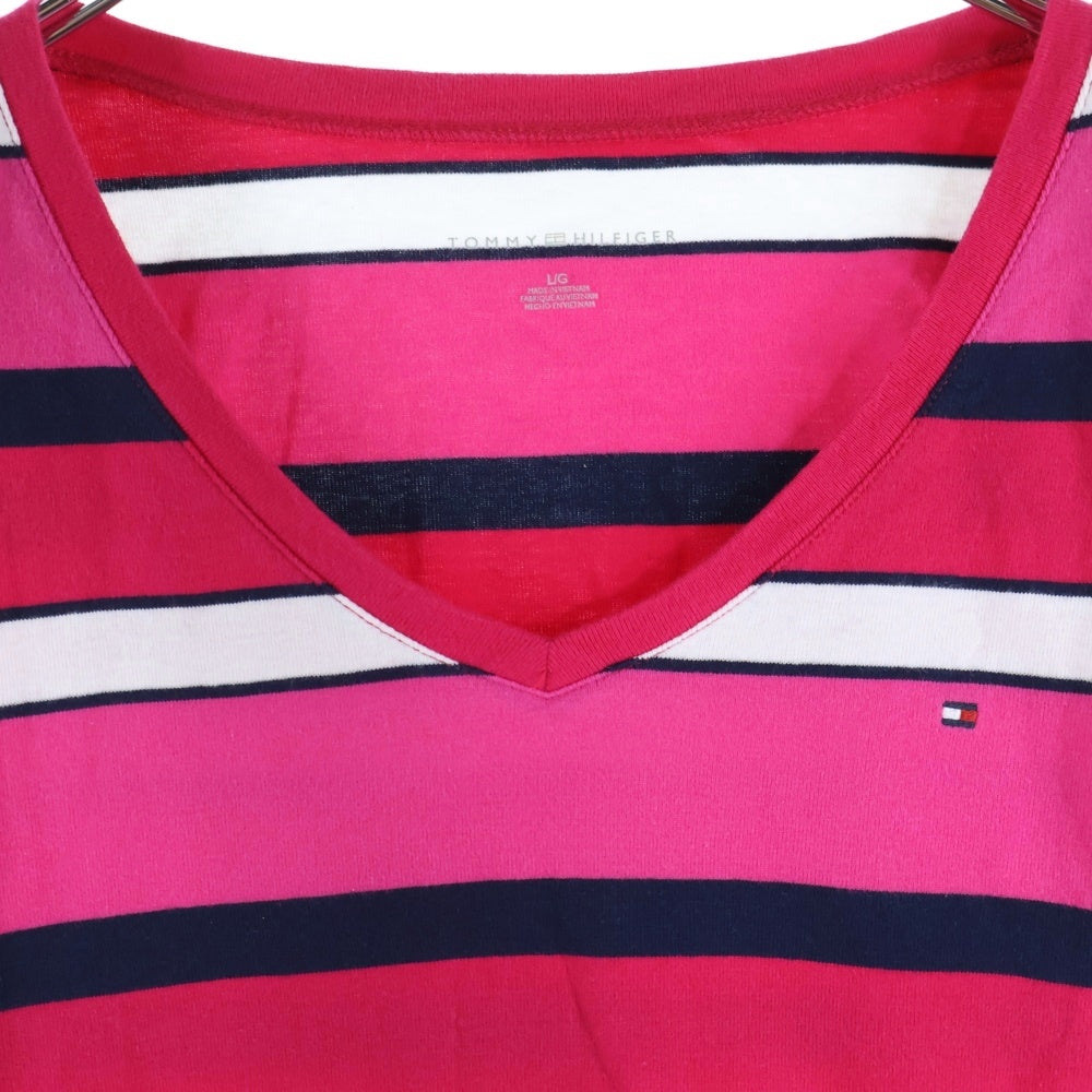 TOMMY HILFIGER(トミーヒルフィガー) ボーダー柄 Vネック半袖Tシャツ カットソー レディース ピンク 0129605