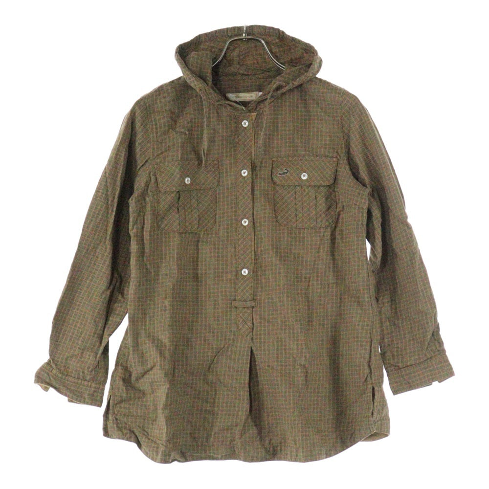 NO BRAND(ノーブランド) CROCODILE (クロコダイル) フロント刺繍 チェック柄 フーデッドハーフボタンシャツ ブラウン 0321-37703