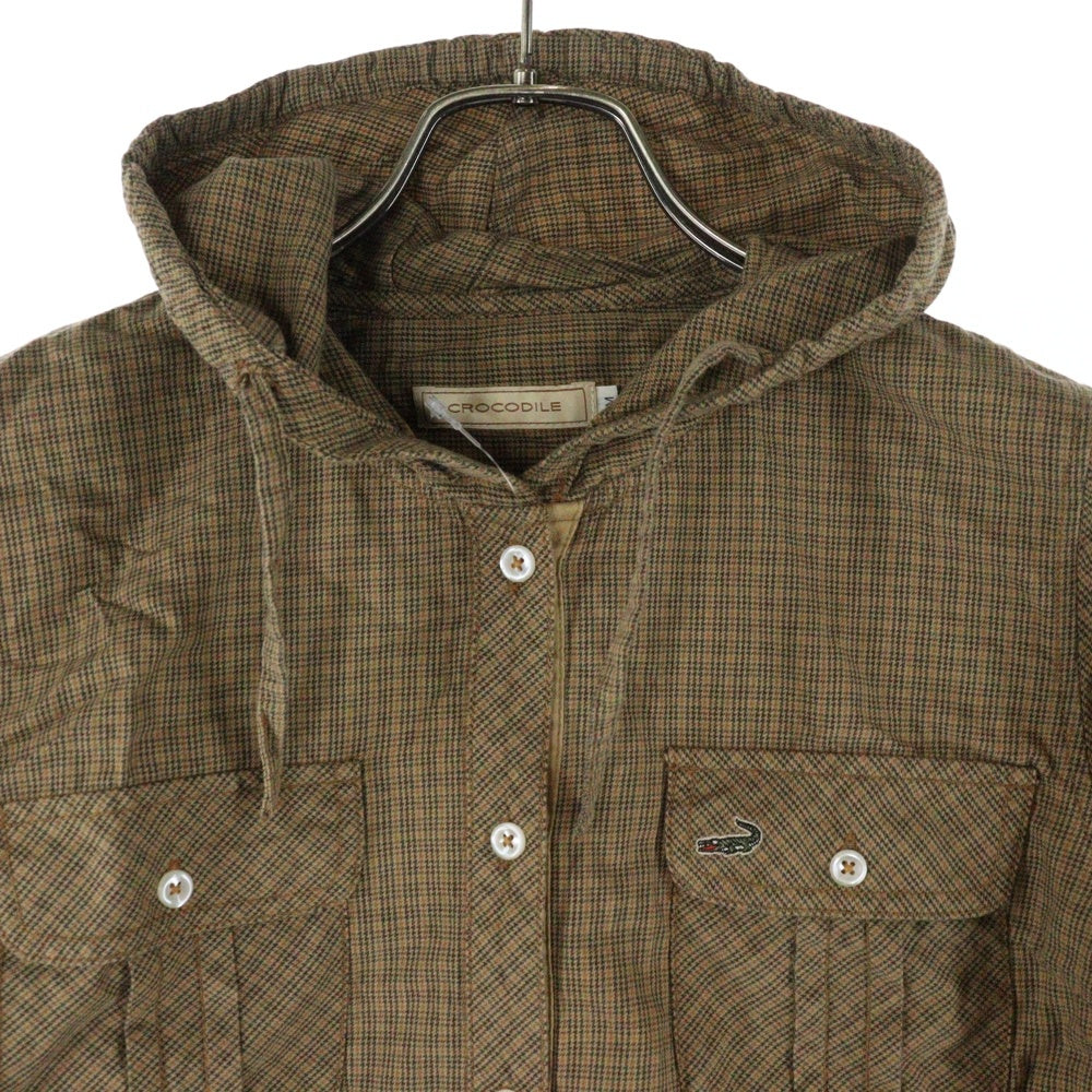 NO BRAND(ノーブランド) CROCODILE (クロコダイル) フロント刺繍 チェック柄 フーデッドハーフボタンシャツ ブラウン 0321-37703