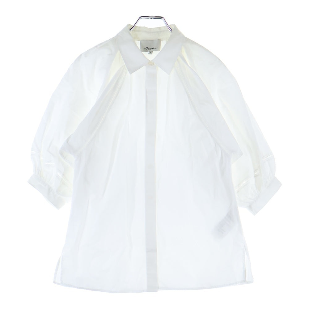 3.1 Phillip Lim(スリーワンフィリップリム) レース切り替え バルーンスリーブ 半袖 ペプラムシャツ レディース ホワイト