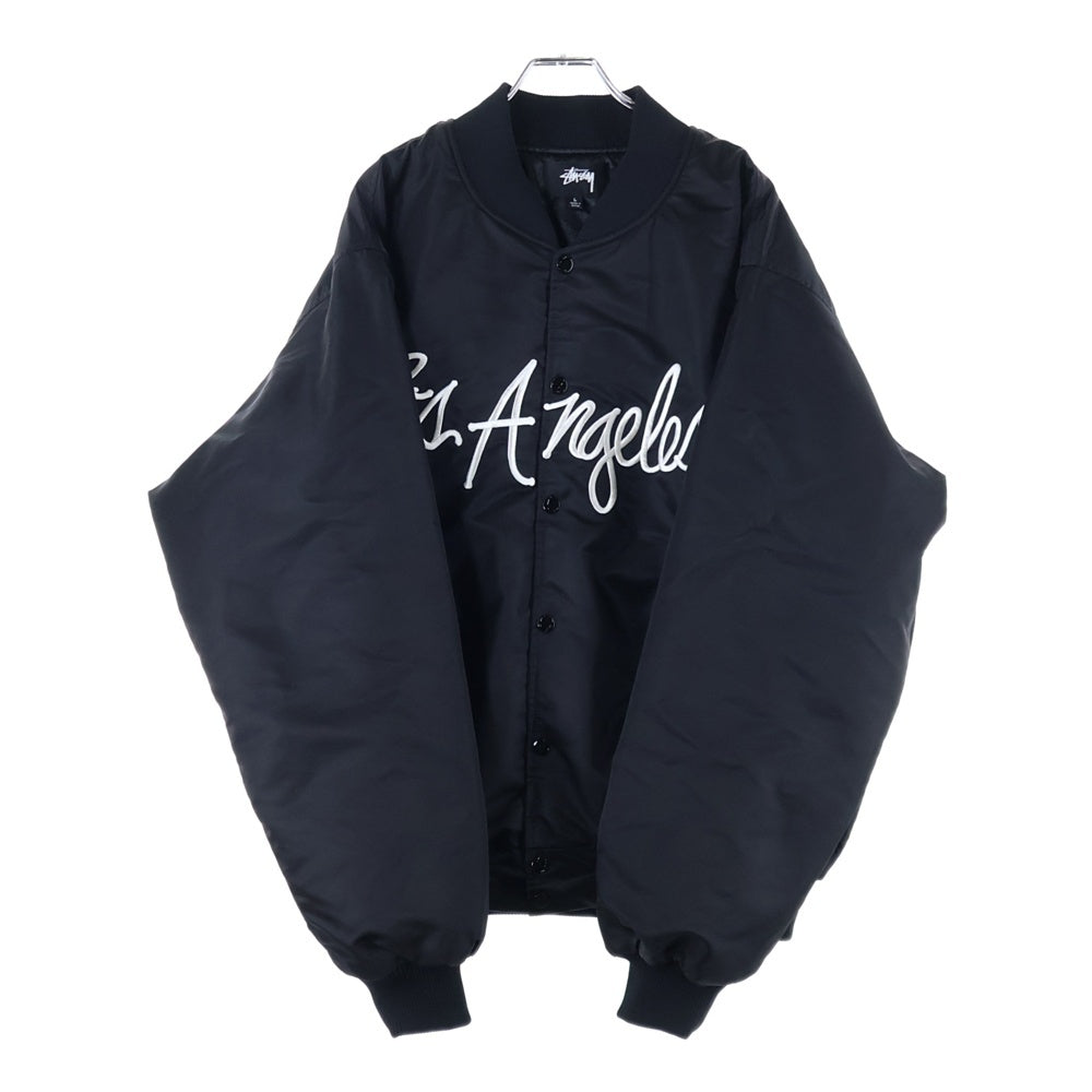 STUSSY(ステューシー) LA Chapter Satin Varsity Jacket ロゴエンブロイダリー サテン バーシティジャケット ブラック