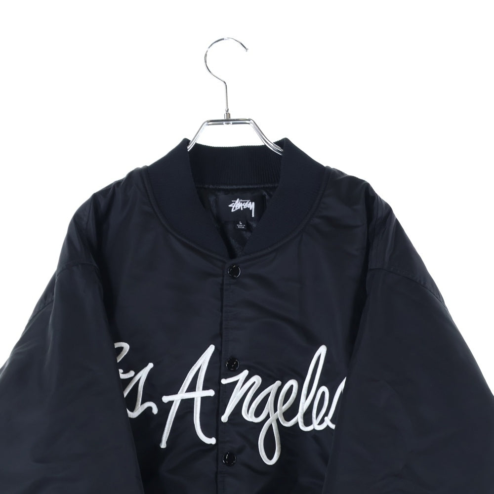 STUSSY(ステューシー) LA Chapter Satin Varsity Jacket ロゴエンブロイダリー サテン バーシティジャケット ブラック