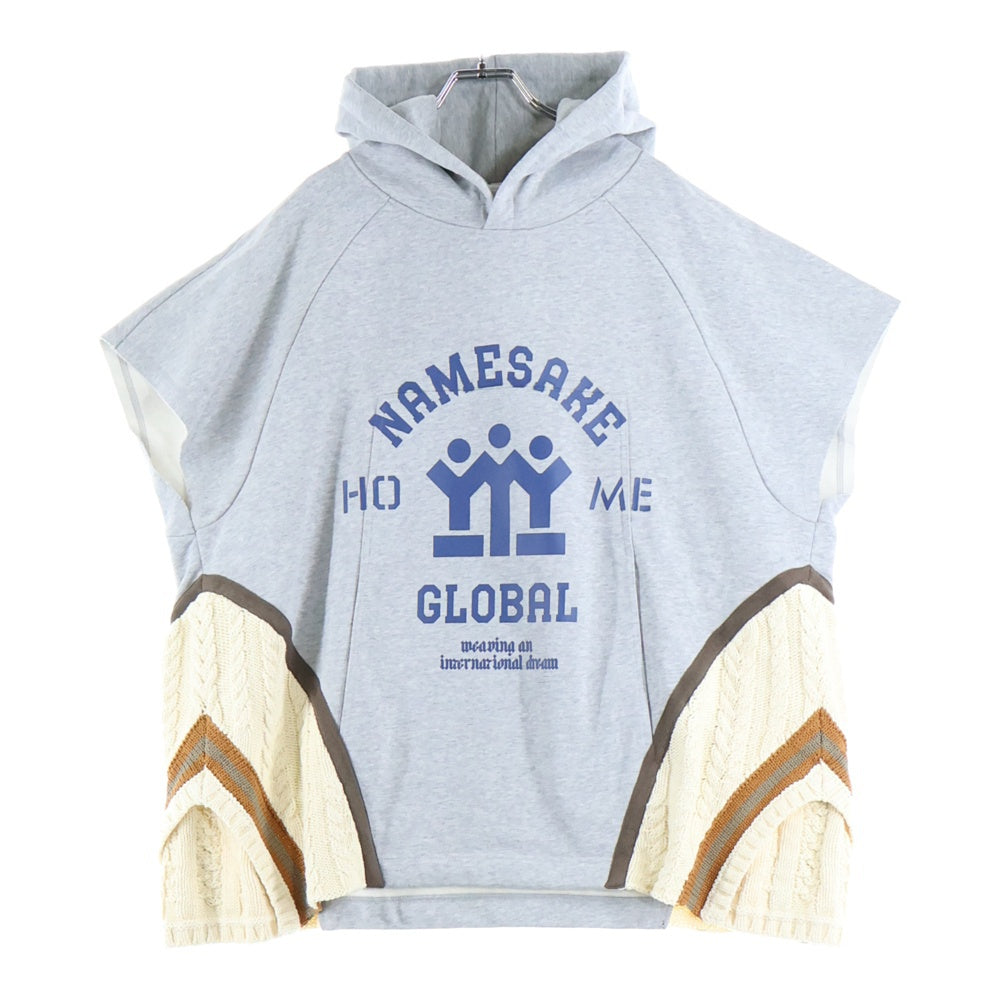 NAMESAKE(ナメサケ) 23AW IVY SLEEVELESS HOODIE フロントプリント スウェットニット切替デザイン スリーブレスプルオーバーパーカー フーディー グレー/ベージュ
