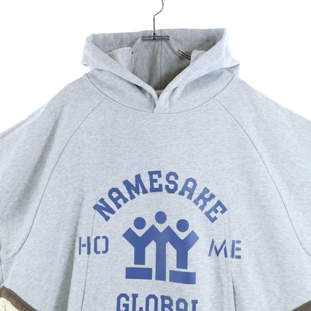 NAMESAKE(ナメサケ) 23AW IVY SLEEVELESS HOODIE フロントプリント スウェットニット切替デザイン スリーブレスプルオーバーパーカー フーディー グレー/ベージュ