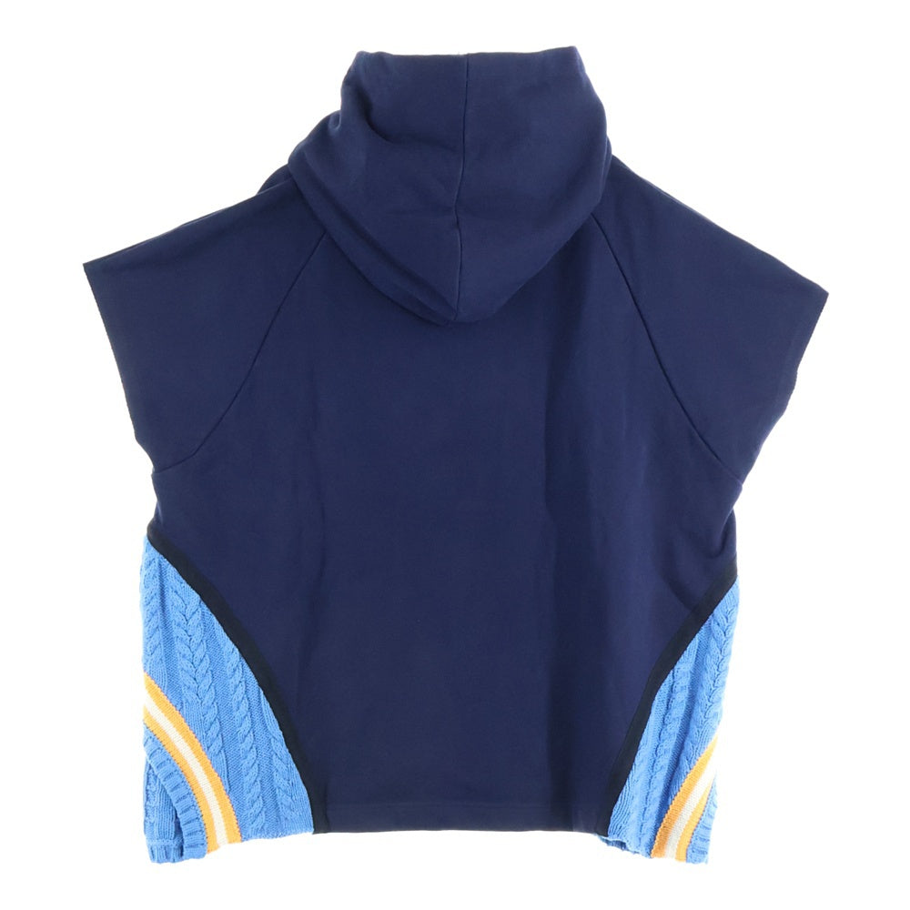 NAMESAKE(ナメサケ) 23AW IVY SLEEVELESS HOODIE フロントプリント スウェットニット切替デザイン スリーブレスプルオーバーパーカー フーディー ネイビー/ブルー