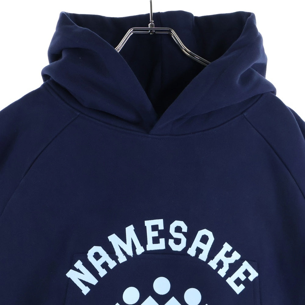 NAMESAKE(ナメサケ) 23AW IVY SLEEVELESS HOODIE フロントプリント スウェットニット切替デザイン スリーブレスプルオーバーパーカー フーディー ネイビー/ブルー