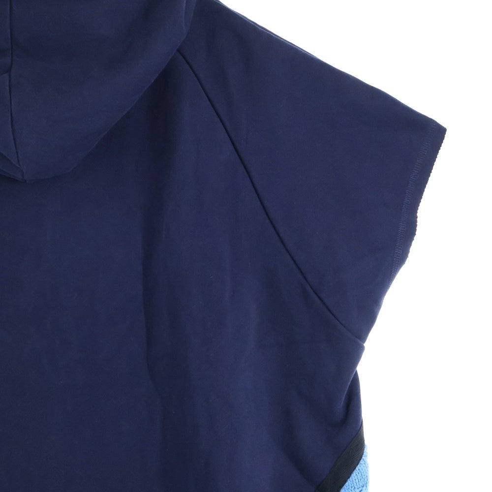 NAMESAKE(ナメサケ) 23AW IVY SLEEVELESS HOODIE フロントプリント スウェットニット切替デザイン スリーブレスプルオーバーパーカー フーディー ネイビー/ブルー