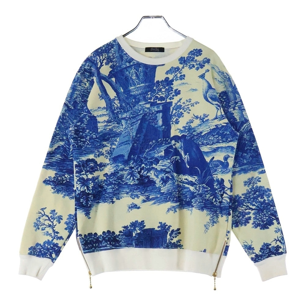 UNDERCOVER(アンダーカバー) 14AW 総柄アートプリント サイドジップ ポリコットン クルーネック スウェット トレーナー ブルー/アイボリー N8811