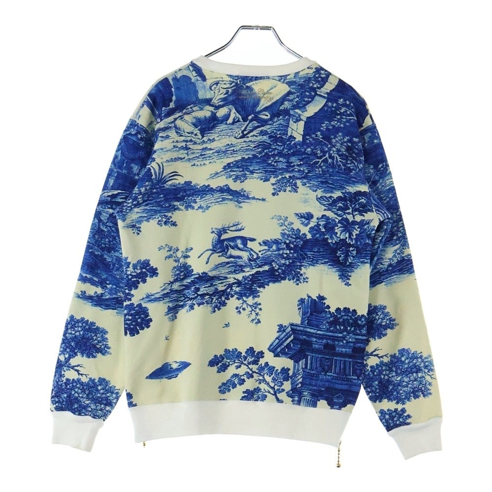 UNDERCOVER(アンダーカバー) 14AW 総柄アートプリント サイドジップ ポリコットン クルーネック スウェット トレーナー ブルー/アイボリー N8811