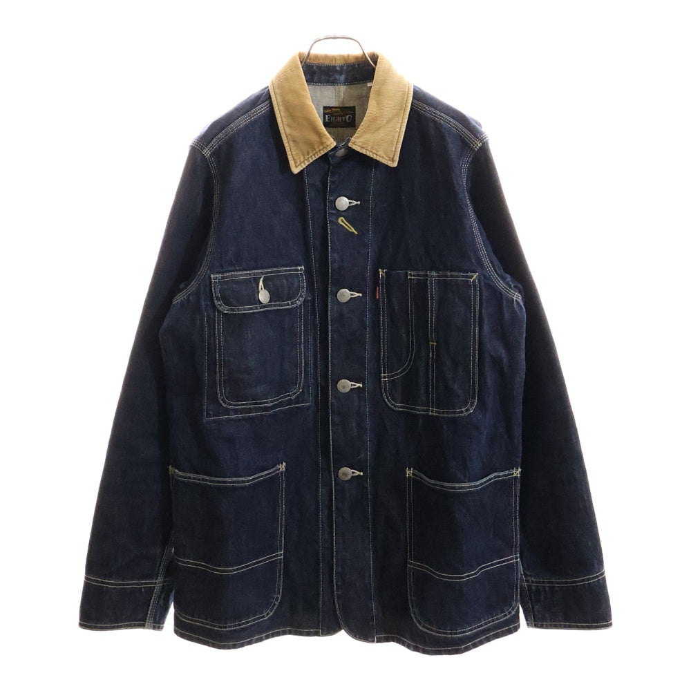 EIGHT-G(エイトジー) レギュラーカラーコーデュロイ切り替え ボタンダウン デニムロングスリーブジャケット インディゴ/ブラウン 8JK-01A