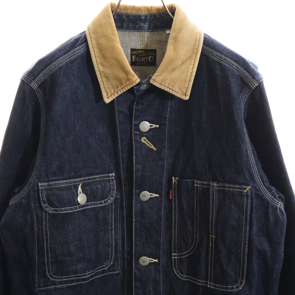 EIGHT-G(エイトジー) レギュラーカラーコーデュロイ切り替え ボタンダウン デニムロングスリーブジャケット インディゴ/ブラウン 8JK-01A