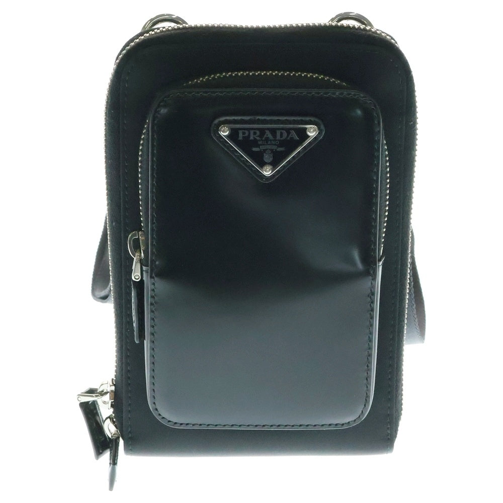 PRADA(プラダ) PHONE CASE SHORDER リナイロン ロゴ 三角プレート レザーフォンケース ショルダーバッグ ブラック 2ZT060