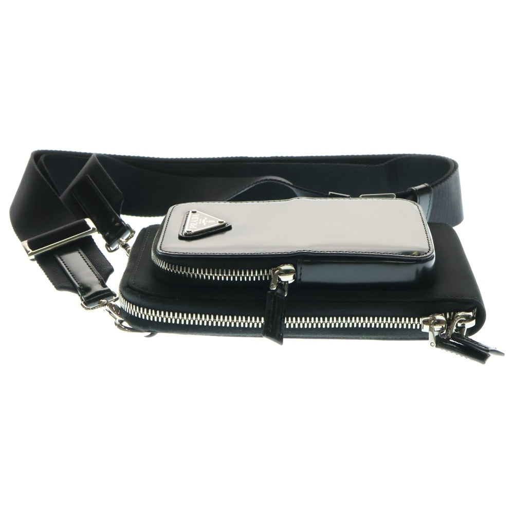 PRADA(プラダ) PHONE CASE SHORDER リナイロン ロゴ 三角プレート レザーフォンケース ショルダーバッグ ブラック 2ZT060