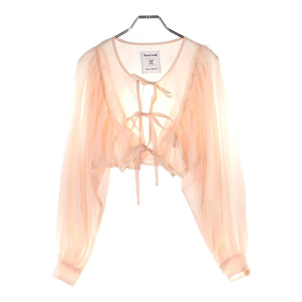 NO BRAND(ノーブランド) Treat Urself トリートユアセルフ フロントリボン パフスリーブ シアー長袖ブラウス ピンク レディース 1231-0208-TR