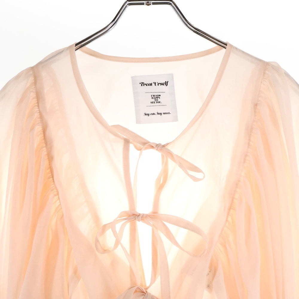 NO BRAND(ノーブランド) Treat Urself トリートユアセルフ フロントリボン パフスリーブ シアー長袖ブラウス ピンク レディース 1231-0208-TR