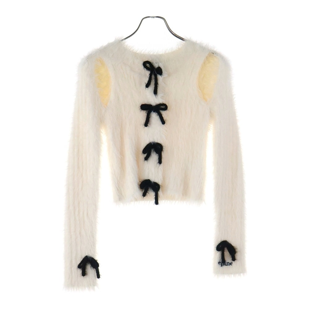 NO BRAND(ノーブランド) epine エピヌ RIBBON SHAGGY KNIT CARDIGAN リボン ショルダーホール シャギーニット カーディガン ホワイト レディース KF397