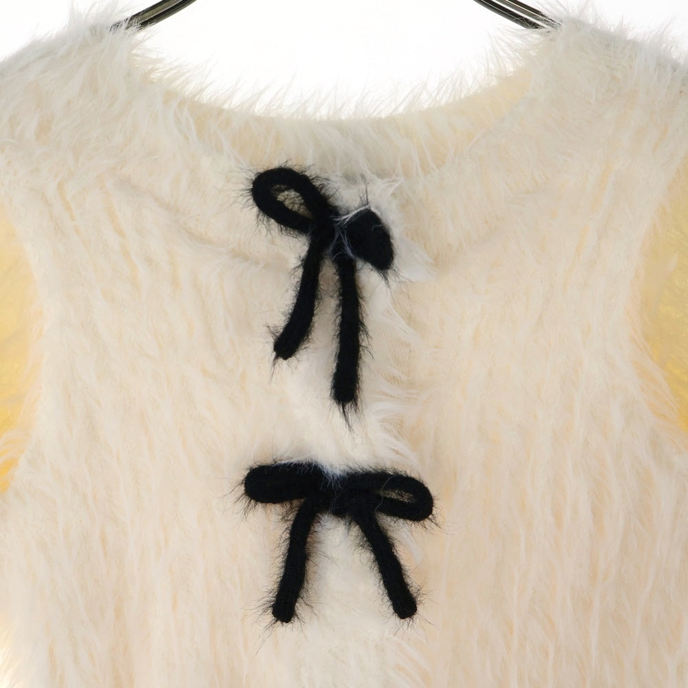 NO BRAND(ノーブランド) epine エピヌ RIBBON SHAGGY KNIT CARDIGAN リボン ショルダーホール シャギーニット カーディガン ホワイト レディース KF397