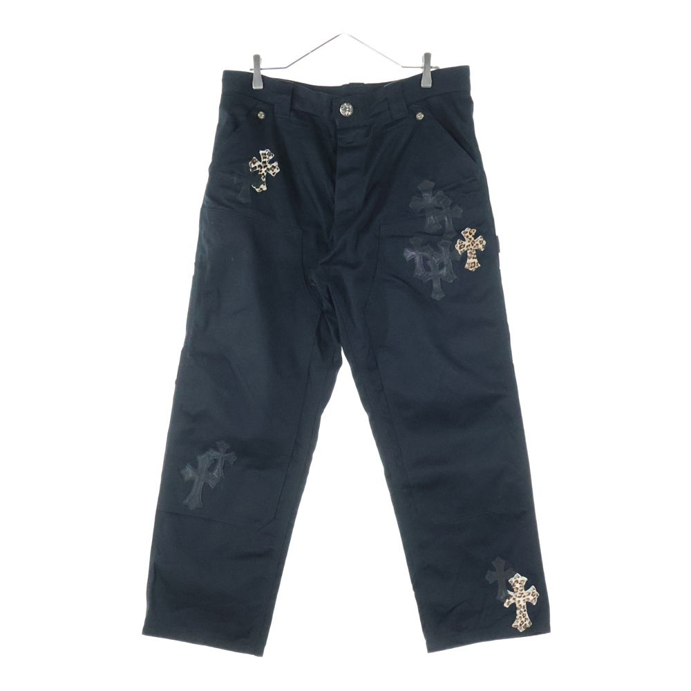 CHROME HEARTS(クロムハーツ) CARPENTER CNVS CEME CRS レオパードハラコ レザークロスパッチ ダブルニー カーペンターパンツ ブラック/シルバー/ブラウン