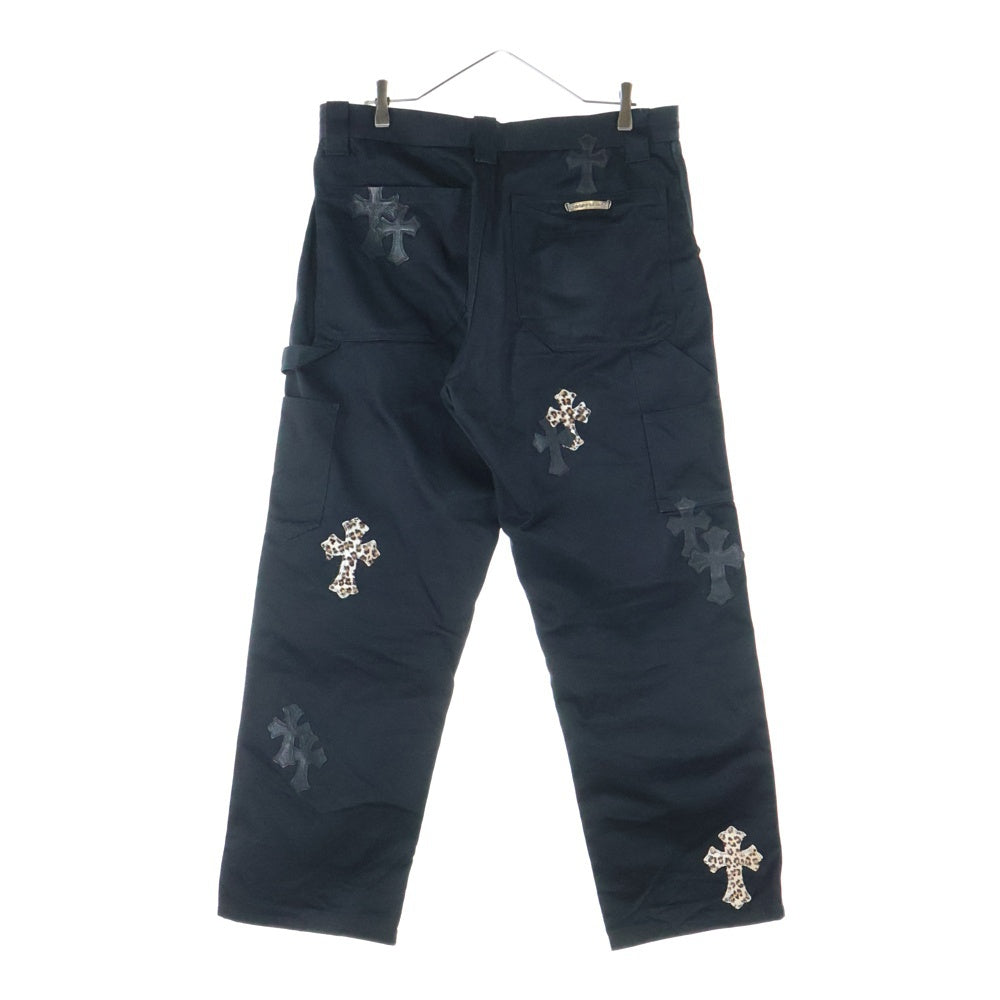 CHROME HEARTS(クロムハーツ) CARPENTER CNVS CEME CRS レオパードハラコ レザークロスパッチ ダブルニー カーペンターパンツ ブラック/シルバー/ブラウン