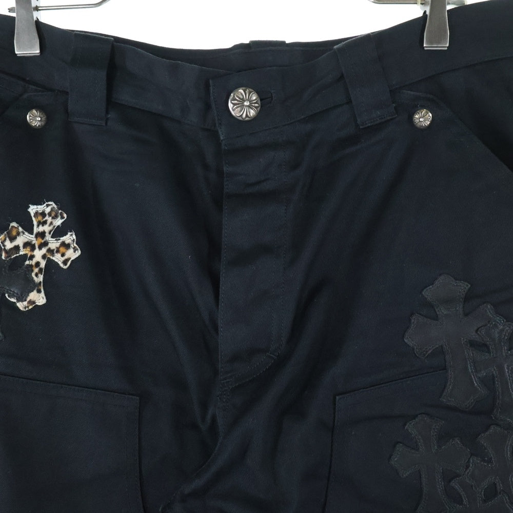 CHROME HEARTS(クロムハーツ) CARPENTER CNVS CEME CRS レオパードハラコ レザークロスパッチ ダブルニー カーペンターパンツ ブラック/シルバー/ブラウン