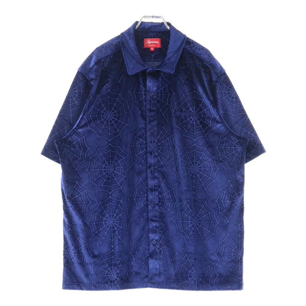 SUPREME(シュプリーム) 21AW Spider Web Velvet S/S Shirt 蜘蛛の巣総柄 ベルベット 半袖シャツ ブルー