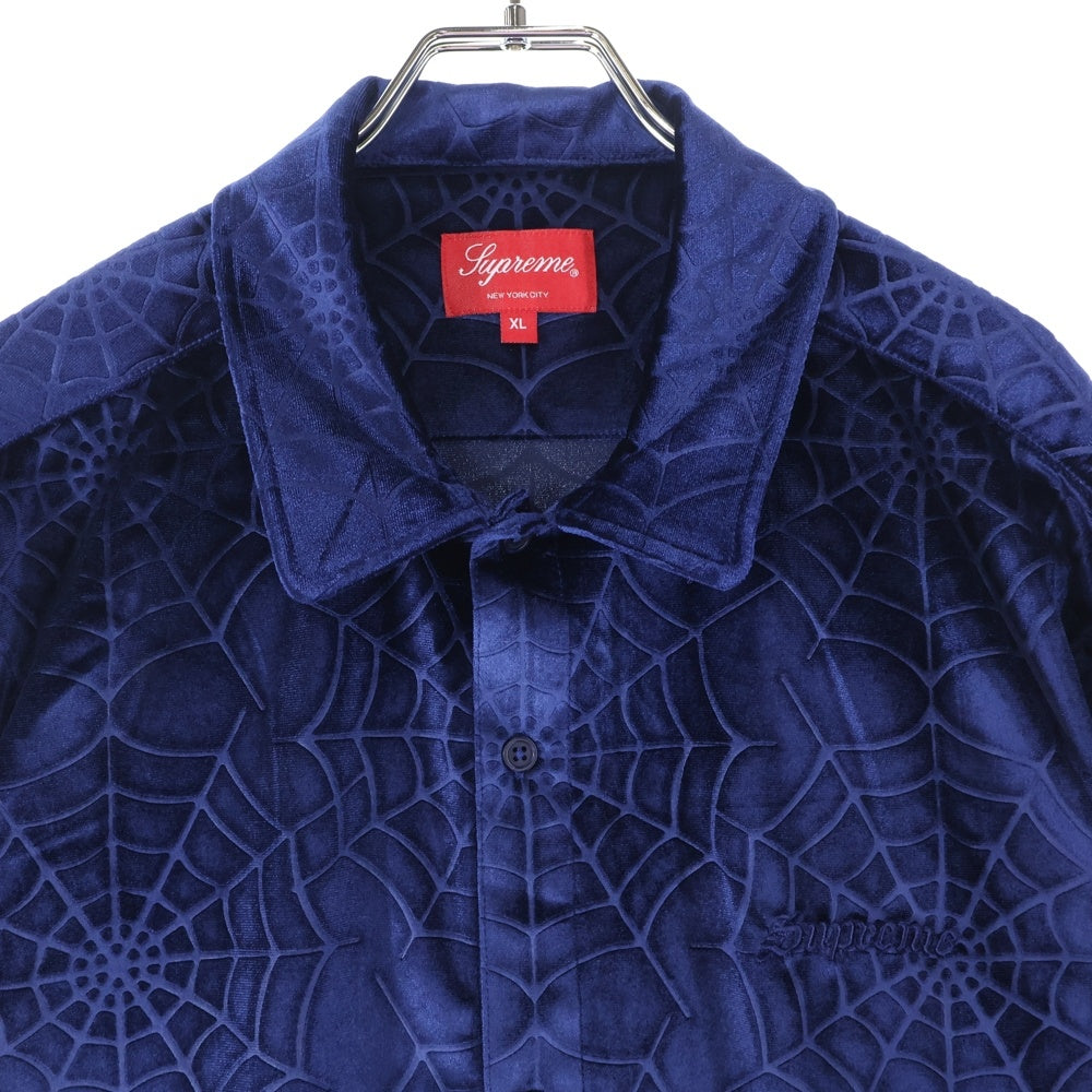 SUPREME(シュプリーム) 21AW Spider Web Velvet S/S Shirt 蜘蛛の巣総柄 ベルベット 半袖シャツ ブルー