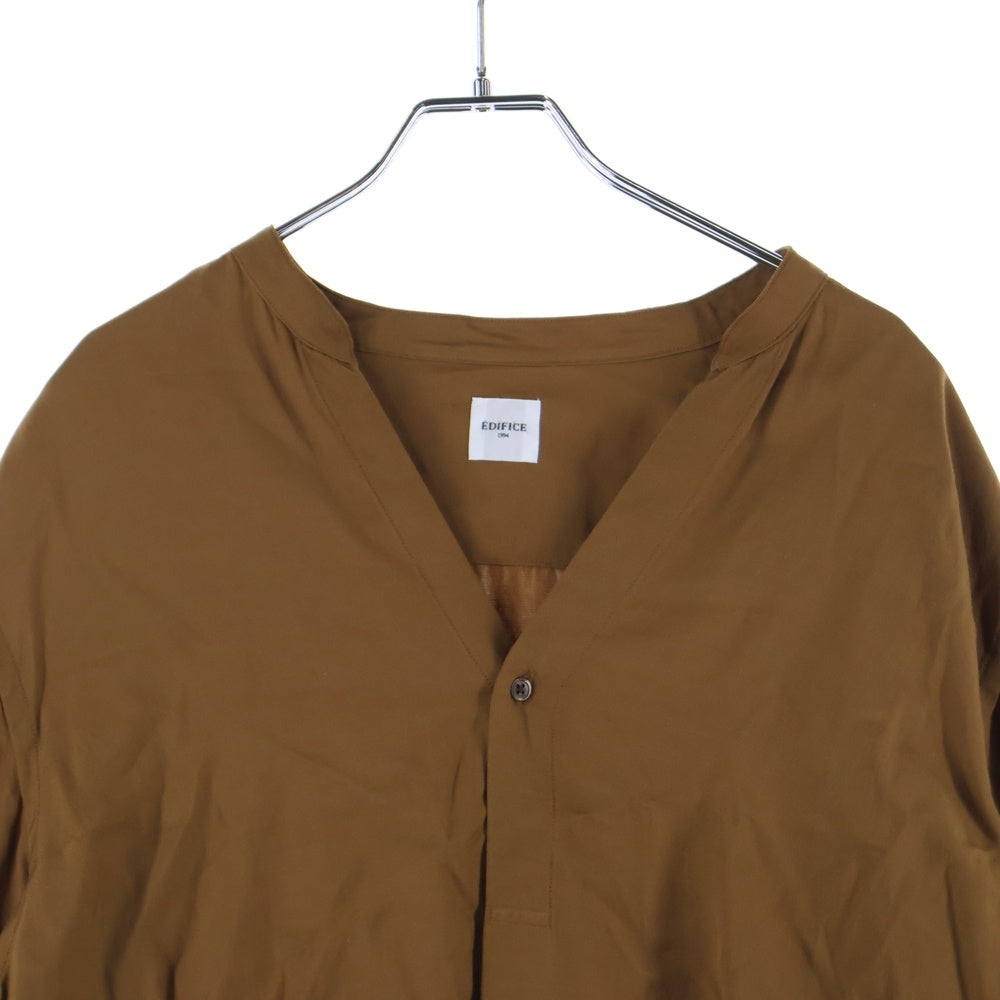EDIFICE(エディフィス) レーヨン ノーカラー 長袖シャツ ブラウン EY43